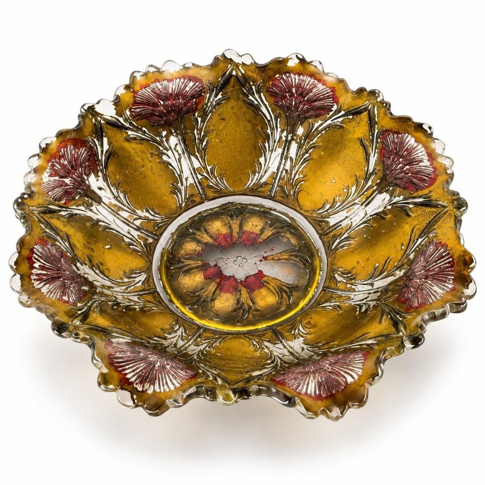 Antique Goofus Glass La Belle Carnation Bowl Gold Red 6.5" Sawtooth c.1910